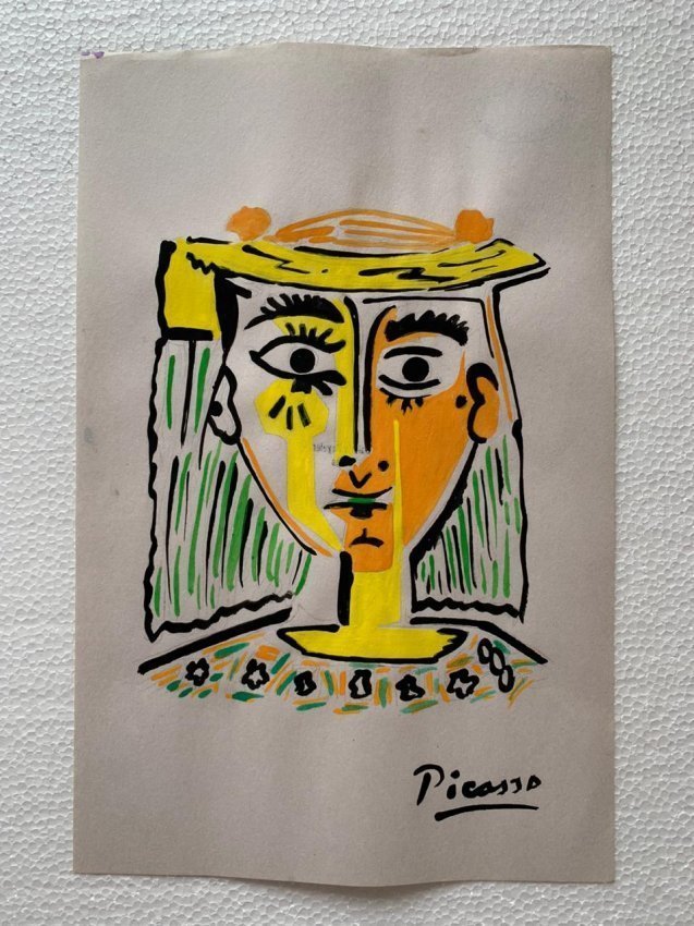 Pablo Picasso Drawing on paper signed- in the style of: Pablo Picasso Drawing on paper mixed media signed.------------------Pablo Picasso. Best known for his ever evolving style, Pablo Picasso (Spanish, 1881-1973) produced a huge body of work which spanned