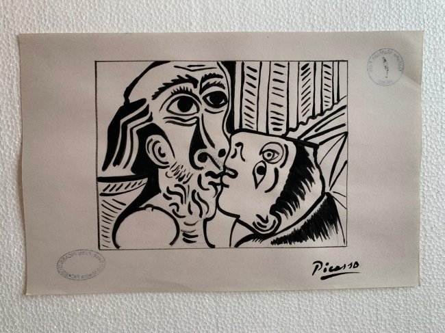 Pablo Picasso Drawing on paper signed- in the style of: Pablo Picasso Drawing on paper mixed media signed.------------------Pablo Picasso. Best known for his ever evolving style, Pablo Picasso (Spanish, 1881-1973) produced a huge body of work which spanned