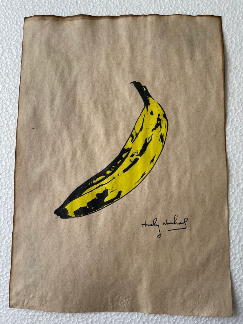Andy Warhol mixed media drawing sealed-in the style of: Andy Warhol Drawing on paper mixed media signed and sealed.------------------Andy Warhol was one of the most prolific and popular artists of his time, using both avant-garde and highly commercial sens
