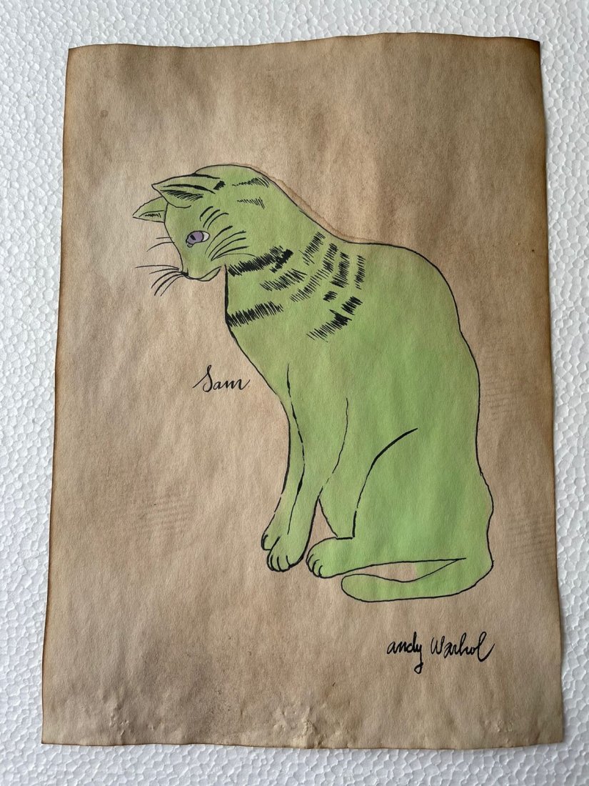 Andy Warhol mixed media drawing sealed-in the style of: Andy Warhol Drawing on paper mixed media signed and sealed.------------------Andy Warhol was one of the most prolific and popular artists of his time, using both avant-garde and highly commercial sens