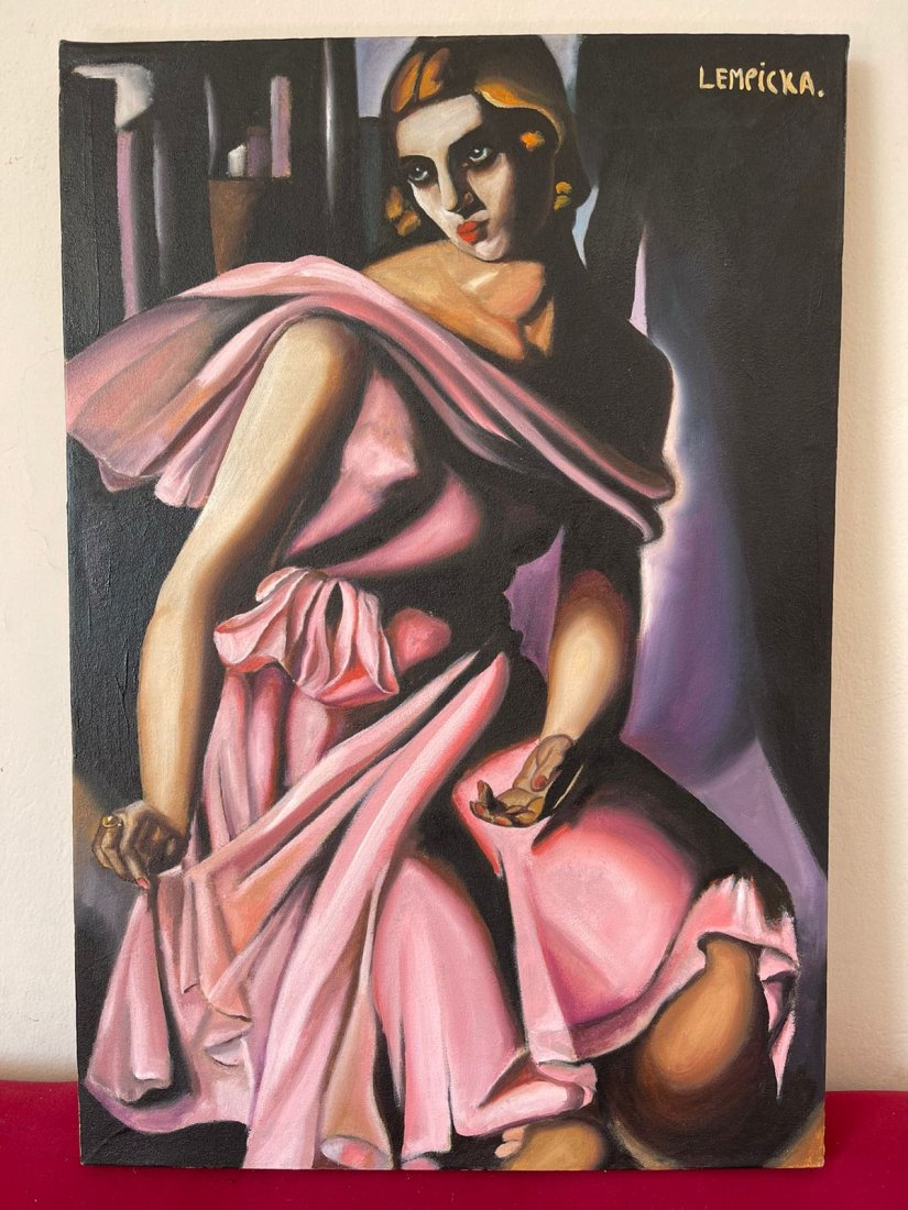 Tamara de Lempicka Oil on Canvas-in the style of: Tamara de Lempicka Oil on Canvas, Signed & sealed painting------------------Measures: 15.7\\\\\\\" x 23.6\\\\\\\" inches aprox.-------------------------------------Tamara de Lempicka was a polish pain