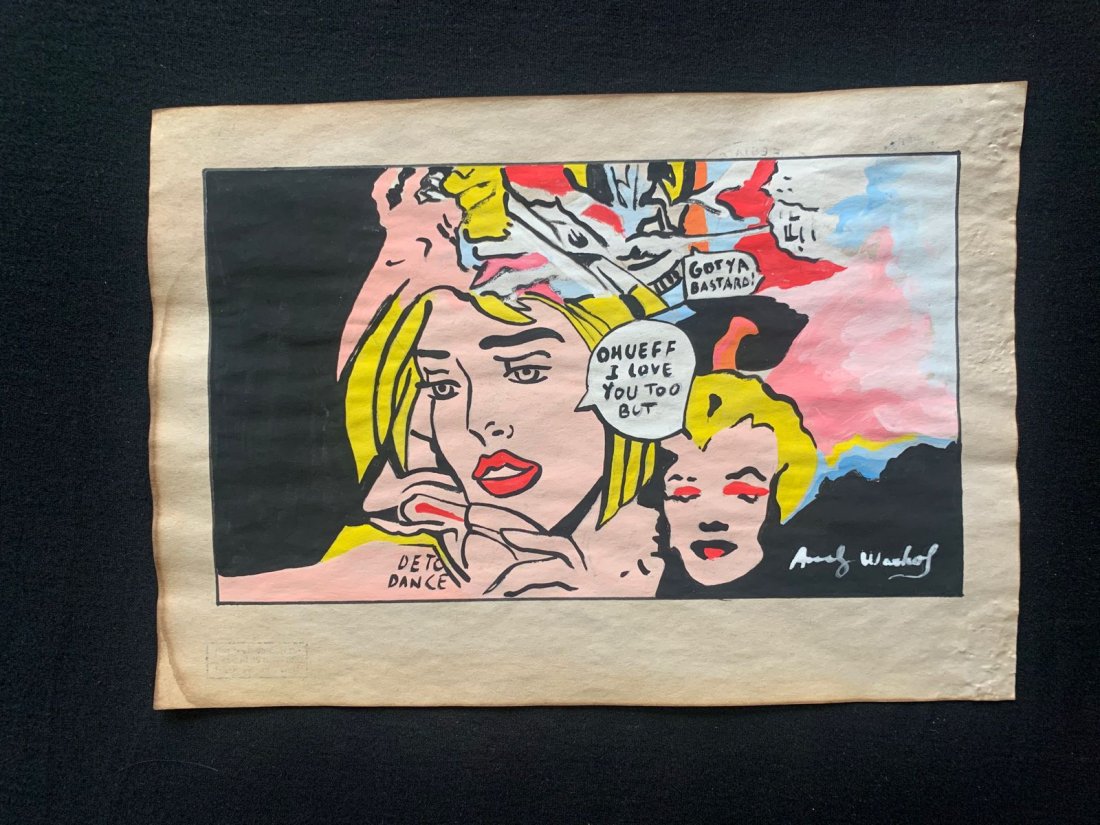 Andy Warhol mixed media drawing, sealed-in the style of: Andy Warhol Drawing on paper mixed media signed and sealed.------------------Andy Warhol was an American artist, film director, and producer who was a leading figure in the visual art movement known a