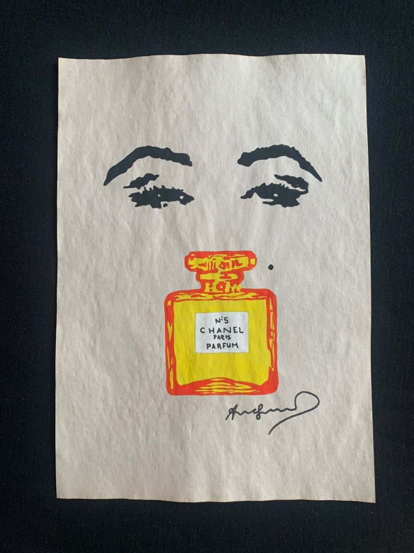 Andy Warhol mixed media drawing, sealed-in the style of: Andy Warhol Drawing on paper mixed media signed and sealed.------------------Andy Warhol was an American artist, film director, and producer who was a leading figure in the visual art movement known a