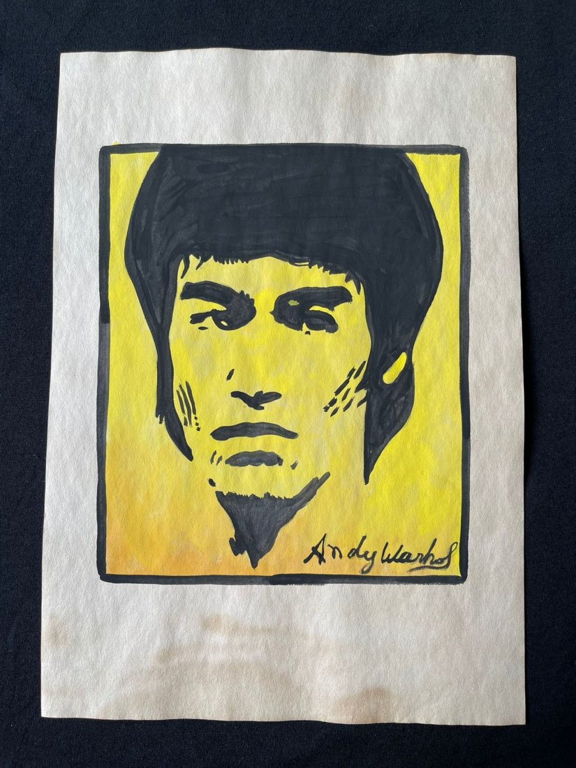 Andy Warhol mixed media drawing sealed-in the style of: Andy Warhol Drawing on paper mixed media, signed and sealed.------------------Andy Warhol was one of the most prolific and popular artists of his time, using both avant-garde and highly commercial sen