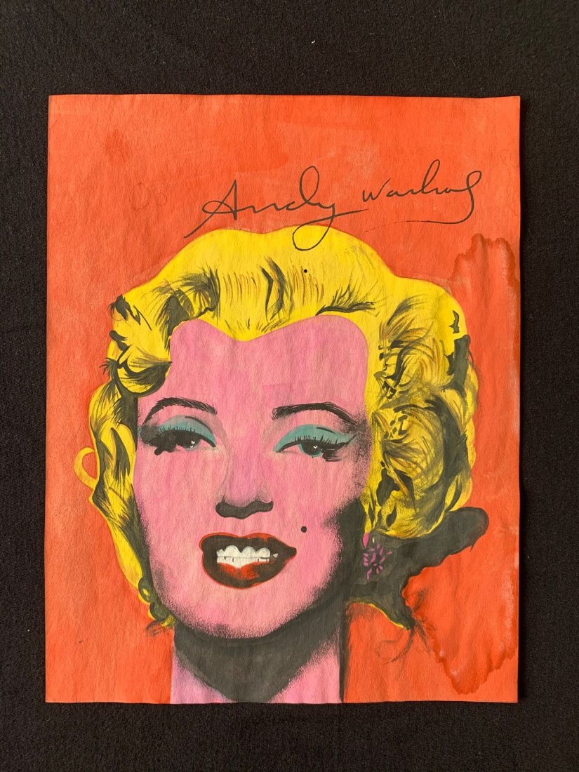 Andy Warhol mixed media drawing sealed-in the style of: Andy Warhol Drawing on paper mixed media, signed and sealed.------------------Andy Warhol was one of the most prolific and popular artists of his time, using both avant-garde and highly commercial sen