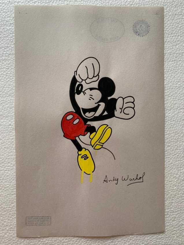 Andy Warhol mixed media drawing, sealed-in the style of: Andy Warhol Drawing on paper mixed media signed and sealed.------------------Andy Warhol was an American artist, film director, and producer who was a leading figure in the visual art movement known a