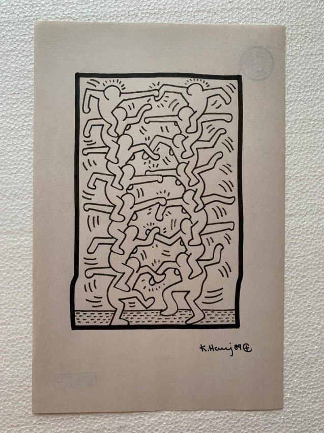 Keith haring mixed media drawing sealed-in the style of: Keith haring mixed media drawing signed & sealed.------------------ Measures: 12\" x 8\" Inches aprox---------------------------------------Keith Allen Haring was an American artist whose pop art and 