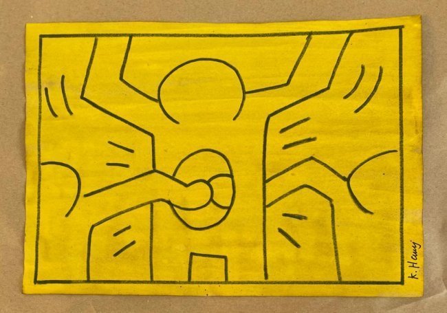 Keith haring mixed media drawing sealed-in the style of: Keith haring mixed media drawing signed & sealed.------------------ Measures: 12\" x 8\" Inches aprox---------------------------------------Keith Allen Haring was an American artist whose pop art and 