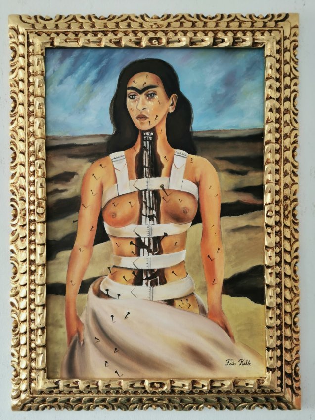 Frida Kahlo oil on canvas signed,sealed-in the style of: Frida Kahlo oil on canvas, Hand carved signed, sealed and framed painting----------------Measures with frame: 21\" x 29 inches aprox-------------------------------------Frida Kahlo was a Mexican paint