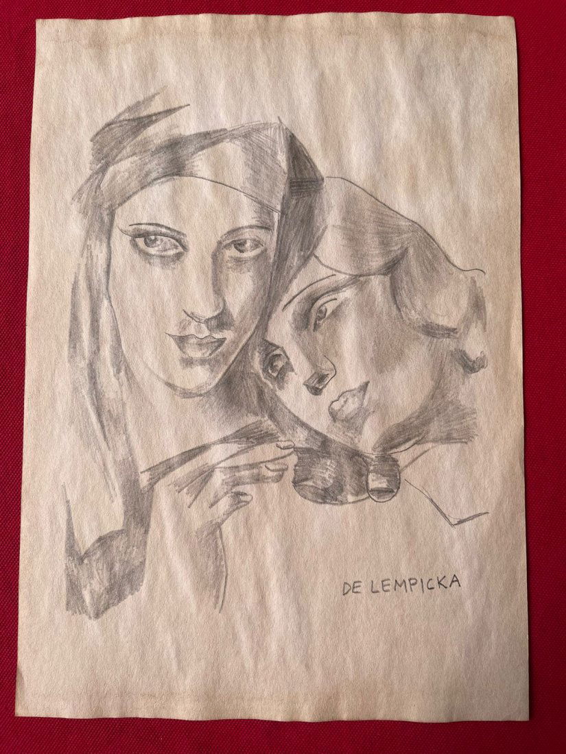 Tamara de Lempicka Drawing, sealed-in the style of: Tamara de Lempicka Drawing on paper, Signed and Sealed-------------------- Measures: 12\" x 8" Inches------------------------------------------Tamara de Lempicka was a polish painter who became an int