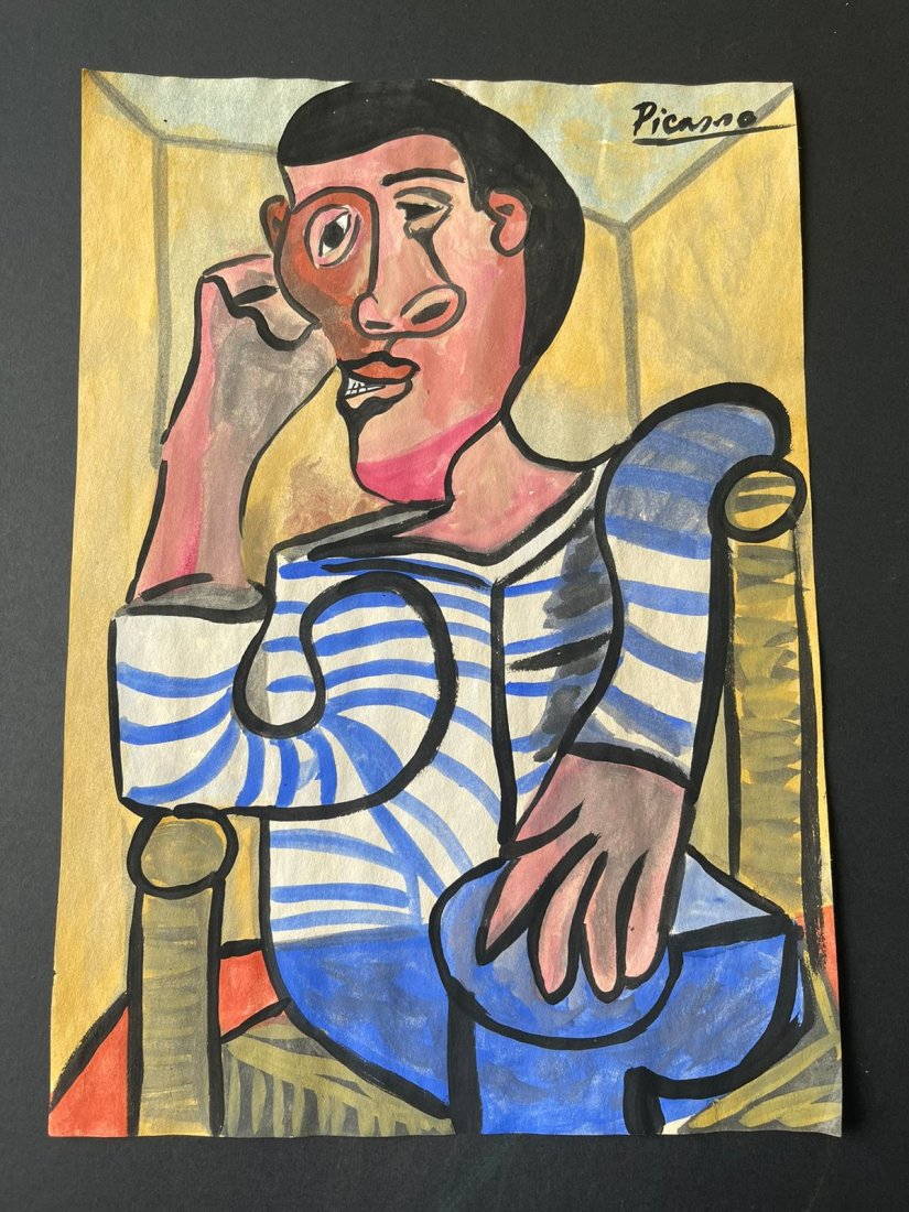 Pablo Picasso Drawing on paper sealed -in the style of: Pablo Picasso Drawing on paper mixed media signed and sealed.------------------Pablo Picasso. Best known for his ever evolving style, Pablo Picasso (Spanish, 1881-1973) produced a huge body of work wh