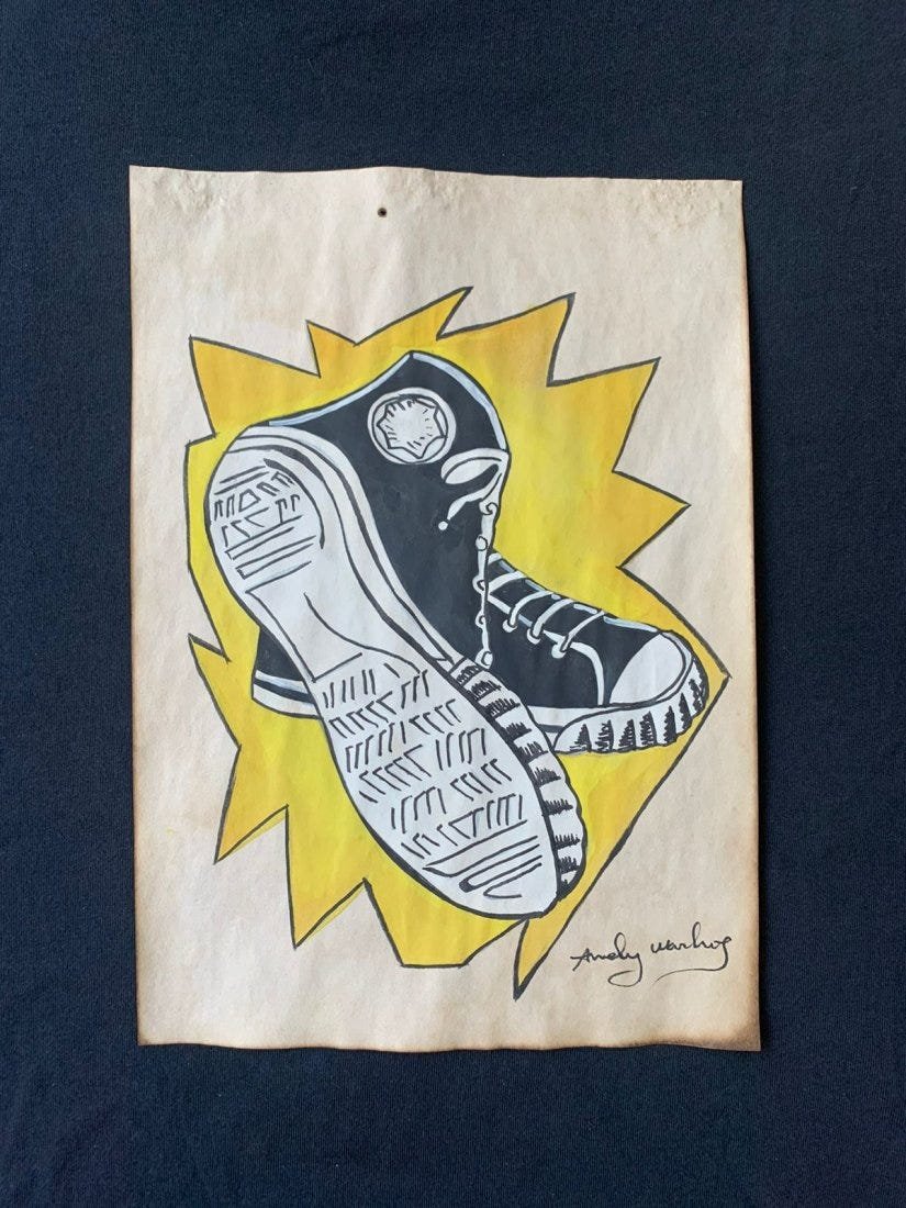 Andy Warhol mixed media drawing, signed-in the style of: Andy Warhol Drawing on paper mixed media signed & sealed.------------------Andy Warhol was an American artist, film director, and producer who was a leading figure in the visual art movement known as 