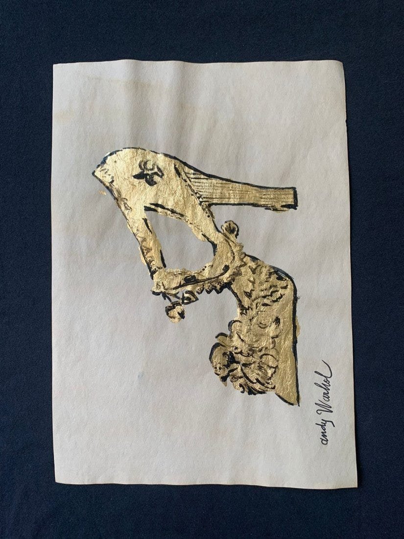 Andy Warhol mixed media drawing, signed-in the style of: Andy Warhol Drawing on paper mixed media signed & sealed.------------------Andy Warhol was an American artist, film director, and producer who was a leading figure in the visual art movement known as 