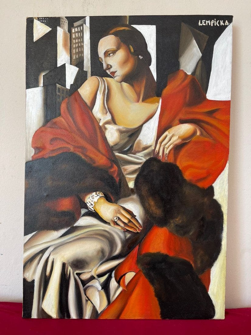 Tamara de Lempicka Oil on Canvas,Signed-in the style of: Tamara de Lempicka Oil on Canvas, Signed, sealed painting------------------Measures:15.7" x 23.6\" inches aprox.-------------------------------------Tamara de Lempicka was a polish painter who became