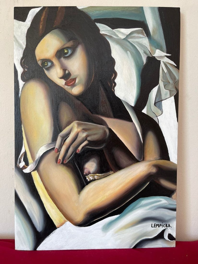 Tamara de Lempicka Oil on Canvas,Signed-in the style of: Tamara de Lempicka Oil on Canvas, Signed, sealed painting------------------Measures:15.7" x 23.6\" inches aprox.-------------------------------------Tamara de Lempicka was a polish painter who became