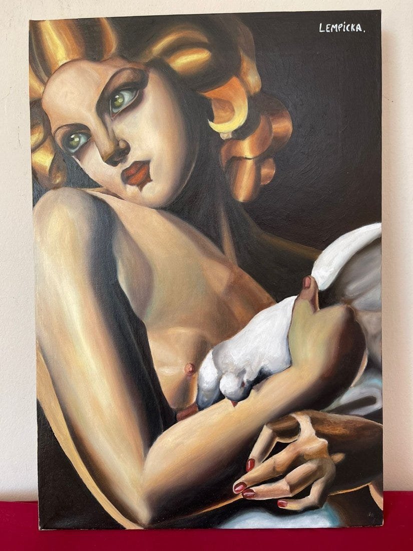 Tamara de Lempicka Oil on Canvas,Signed-in the style of: Tamara de Lempicka Oil on Canvas, Signed, sealed painting------------------Measures:15.7\" x 23.6" inches aprox.-------------------------------------Tamara de Lempicka was a polish painter who became