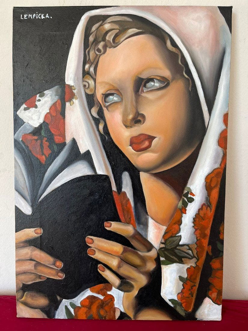 Tamara de Lempicka Oil on Canvas,Signed-in the style of: Tamara de Lempicka Oil on Canvas, Signed, sealed painting------------------Measures:15.7\" x 23.6\" inches aprox.-------------------------------------Tamara de Lempicka was a polish painter who became