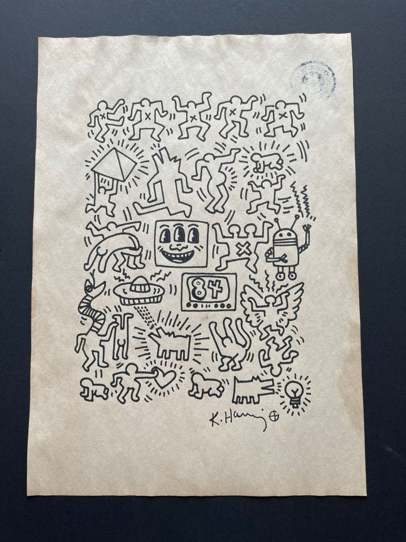 Keith haring mixed media drawing signed-in the style of: Keith haring mixed media drawing signed & sealed.------------------ Measures: 12\\\" x 8\\\\" Inches aprox---------------------------------------Keith Allen Haring was an American artist whose pop art