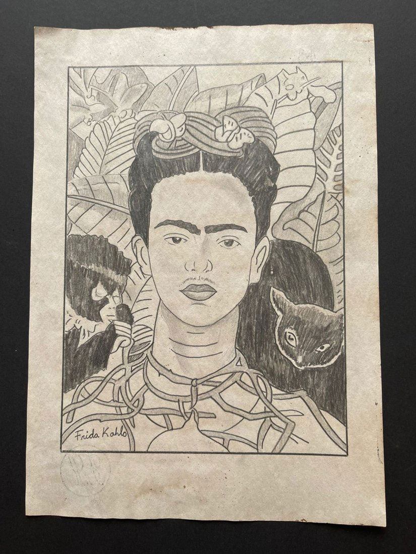 Frida Kahlo mixed media drawing signed-in the style of (1 of 2)