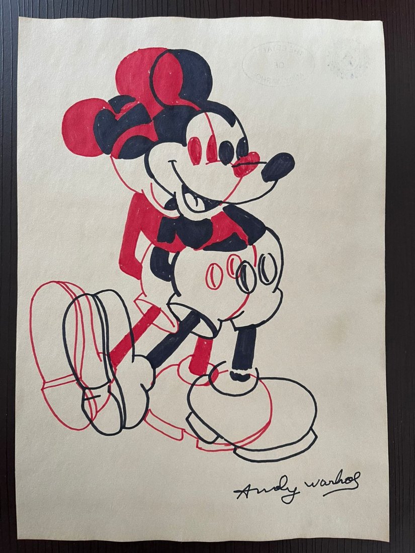 Andy Warhol mixed media drawing, signed-in the style of: Andy Warhol Drawing on paper mixed media signed & sealed.-----------Andy Warhol was an American artist, film director, and producer who was a leading figure in the visual art movement known as pop art