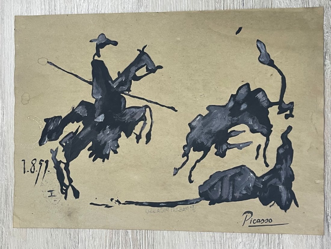 Pablo Picasso Drawing on paper sealed -in the style of: Pablo Picasso Drawing on paper mixed media signed and sealed.------------------Pablo Picasso. Best known for his ever evolving style, Pablo Picasso (Spanish, 1881-1973) produced a huge body of work wh