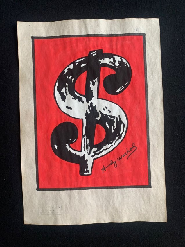 Andy Warhol mixed media drawing, signed-in the style of: Andy Warhol Drawing on paper mixed media signed & sealed.-----------Andy Warhol was an American artist, film director, and producer who was a leading figure in the visual art movement known as pop art