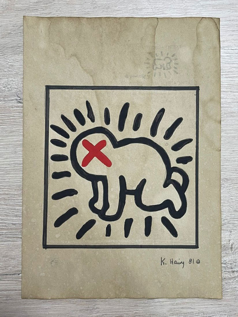 Keith haring mixed media drawing signed-in the style of: Keith haring mixed media drawing signed & sealed.------------------ Measures: 12\" x 8\" Inches aprox----------------------------------Keith Allen Haring was an American artist whose pop art and graff