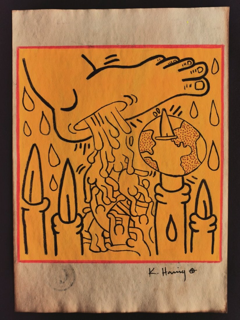 Keith haring mixed media drawing sealed-in the style of: Keith haring mixed media drawing signed & sealed.------------------ Measures: 12" x 8" Inches aprox-------------------------------------Keith Allen Haring was an American artist whose pop art and graf