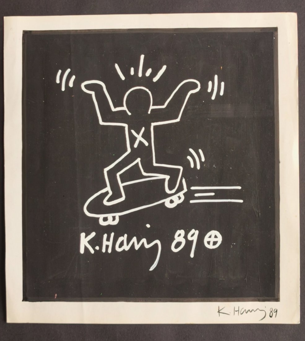 Keith haring mixed media drawing sealed-in the style of: Keith haring mixed media drawing signed & sealed.------------------ Measures: 9.2" x 9.8" Inches aprox----------------------------------Keith Allen Haring was an American artist whose pop art and graf