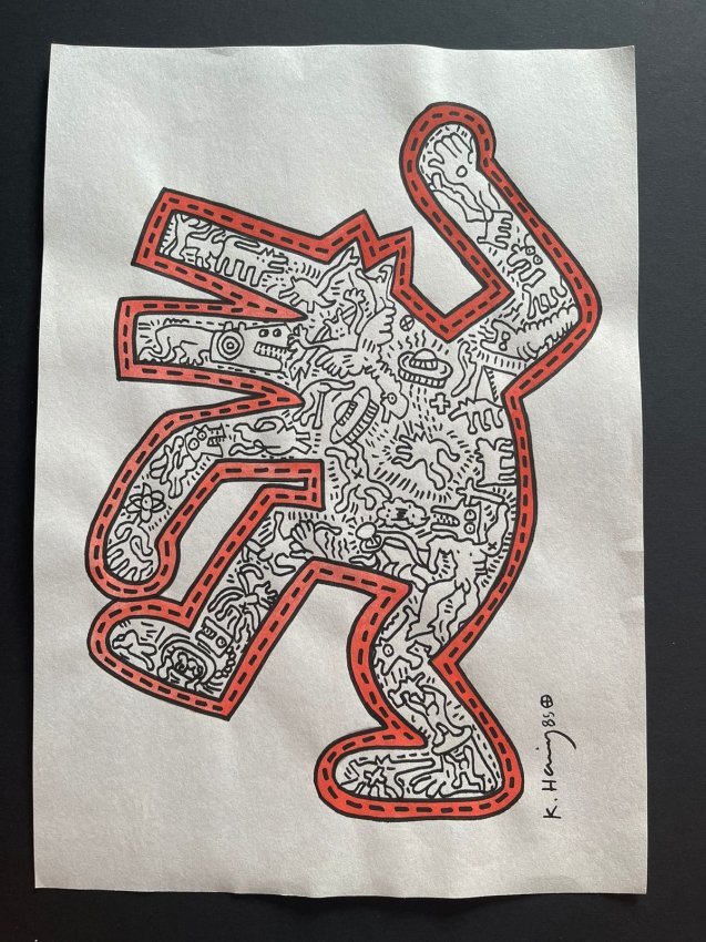 Keith haring mixed media drawing signed-in the style of: Keith haring mixed media drawing signed & sealed.------------------ Measures: 12" x 8" Inches aprox-----------------------------------Keith Allen Haring was an American artist whose pop art and graffi