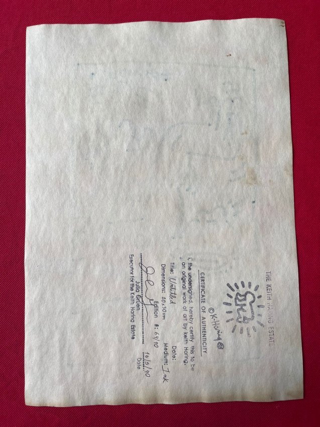 Keith haring mixed media drawing signed-in the style of: Keith haring mixed media drawing signed & sealed.------------------ Measures: 12\" x 8\" Inches aprox-----------------------------------Keith Allen Haring was an American artist whose pop art and graf