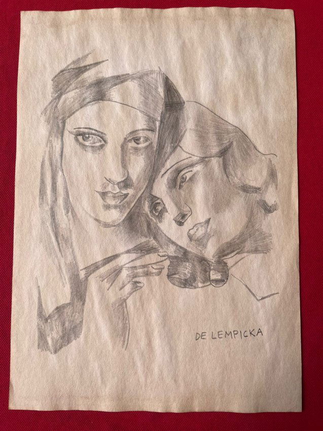 Tamara de Lempicka Drawing, sealed-in the style of: Tamara de Lempicka Drawing on paper, Signed and Sealed--------------Measures: 12" x 8" Inches------------------------------------------Tamara de Lempicka was a polish painter who became an integral pa
