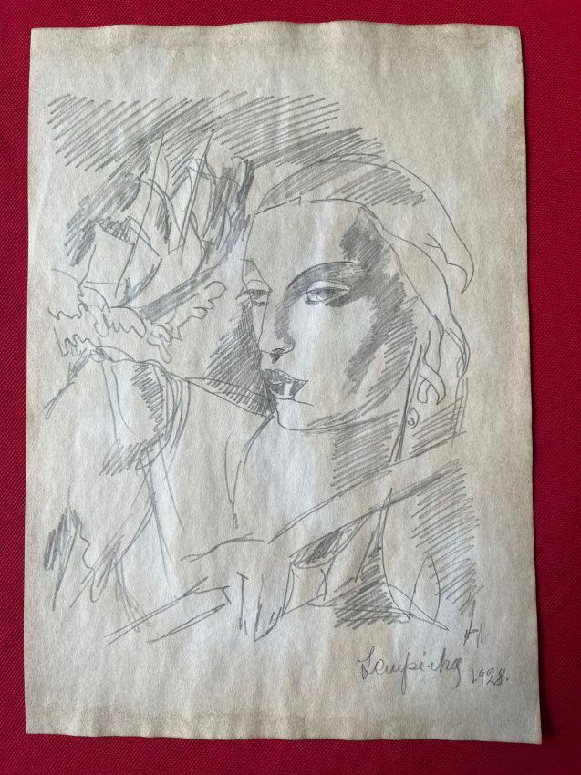 Tamara de Lempicka Drawing, sealed-in the style of: Tamara de Lempicka Drawing on paper, Signed and Sealed--------------Measures: 12\" x 8\" Inches------------------------------------------Tamara de Lempicka was a polish painter who became an integral