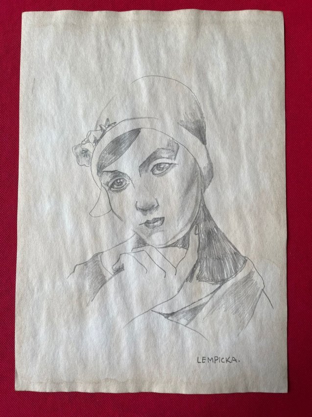 Tamara de Lempicka Drawing, sealed-in the style of: Tamara de Lempicka Drawing on paper, Signed and Sealed--------------Measures: 12\" x 8\" Inches------------------------------------------Tamara de Lempicka was a polish painter who became an integral
