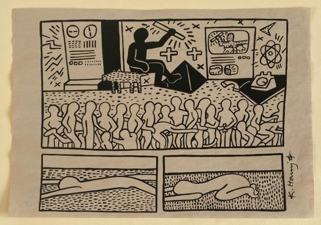 Keith haring mixed media drawing sealed-in the style of: Keith haring mixed media drawing signed & sealed.------------------ Measures: 12\" x 8\" Inches aprox----------------------------------Keith Allen Haring was an American artist whose pop art and graff