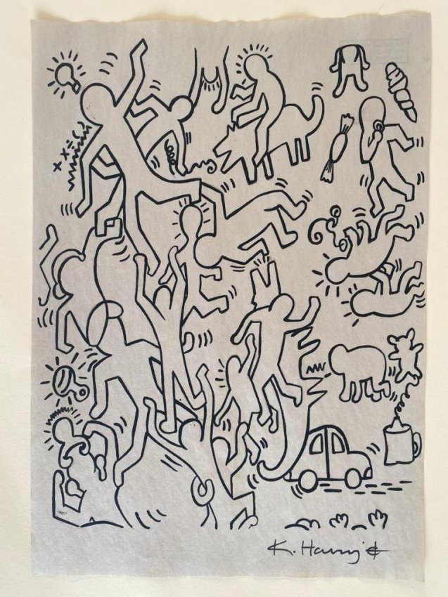 Keith haring mixed media drawing sealed-in the style of: Keith haring mixed media drawing signed & sealed.------------------ Measures: 12" x 8" Inches aprox----------------------------------Keith Allen Haring was an American artist whose pop art and graffit