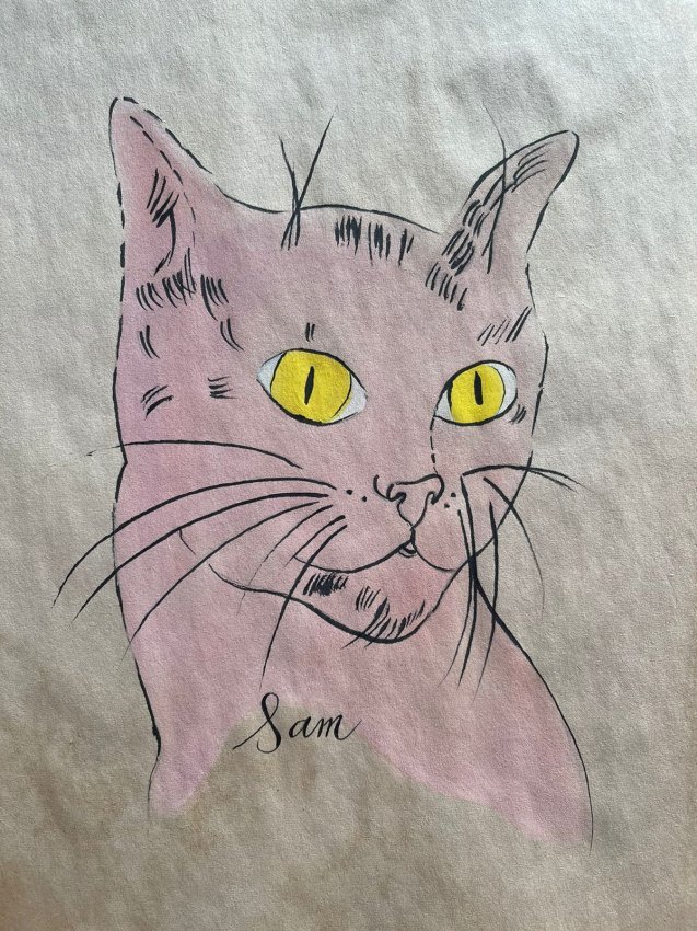 Andy Warhol mixed media drawing, signed-in the style of: Andy Warhol Drawing on paper mixed media signed & sealed.-----------Andy Warhol was an American artist, film director, and producer who was a leading figure in the visual art movement known as pop art