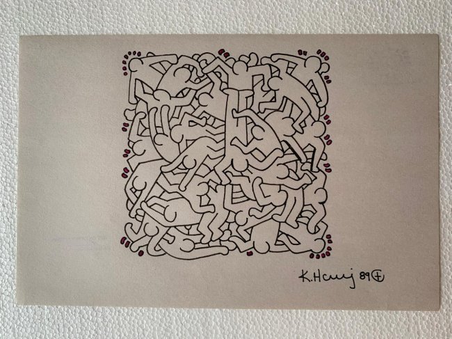 Keith haring mixed media drawing sealed-in the style of: Keith haring mixed media drawing signed & sealed.------------------ Measures: 12" x 8" Inches aprox------------------------------------Keith Allen Haring was an American artist whose pop art and graff