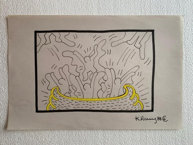 Keith haring mixed media drawing sealed-in the style of: Keith haring mixed media drawing signed & sealed.------------------ Measures: 12" x 8" Inches aprox------------------------------------Keith Allen Haring was an American artist whose pop art and graff