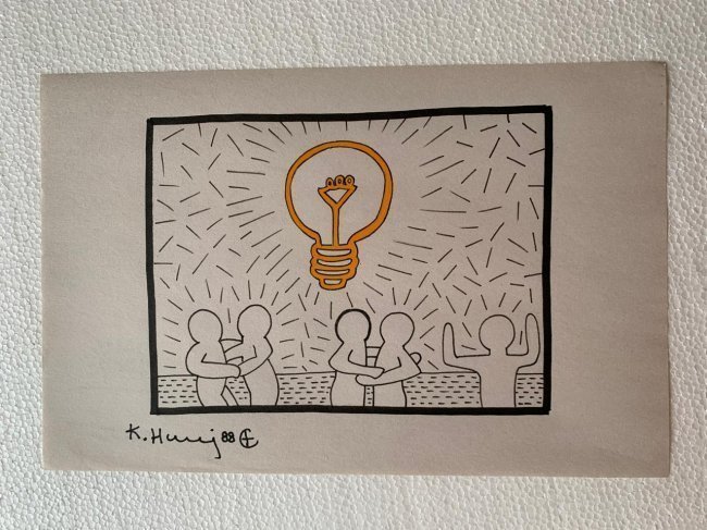 Keith haring mixed media drawing sealed-in the style of: Keith haring mixed media drawing signed & sealed.------------------ Measures: 12" x 8" Inches aprox------------------------------------Keith Allen Haring was an American artist whose pop art and graff