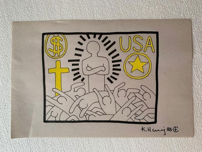 Keith haring mixed media drawing sealed-in the style of: Keith haring mixed media drawing signed & sealed.------------------ Measures: 12" x 8" Inches aprox------------------------------------Keith Allen Haring was an American artist whose pop art and graff