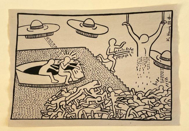 Keith haring mixed media drawing sealed-in the style of: Keith haring mixed media drawing signed & sealed.------------------ Measures: 12\" x 8\" Inches aprox------------------------------------Keith Allen Haring was an American artist whose pop art and gra