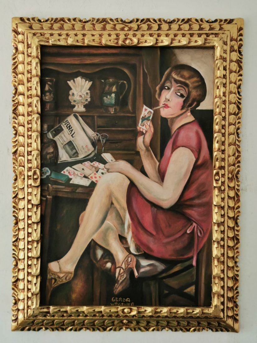 Gerda Wegener Oil on Canvas painting -In the Style of: In the style of Gerda Wegener Oil on Canvas painting-------------Measures with FRAME: 29" x 21" Inches aprox-----------------------Gerda Wegener grew up in Hobro and moved to Copenhagen as a teenager