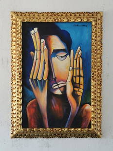 Oswaldo Guayasamin Oil on Canvas -In the style of: In the style of Oswaldo Guayasamin Oil on Canvas painting---------Measures with frame: 21" x 29" inches aprox-------------------------Oswaldo was born in Quito, the capital of Ecuador,1919. His humani