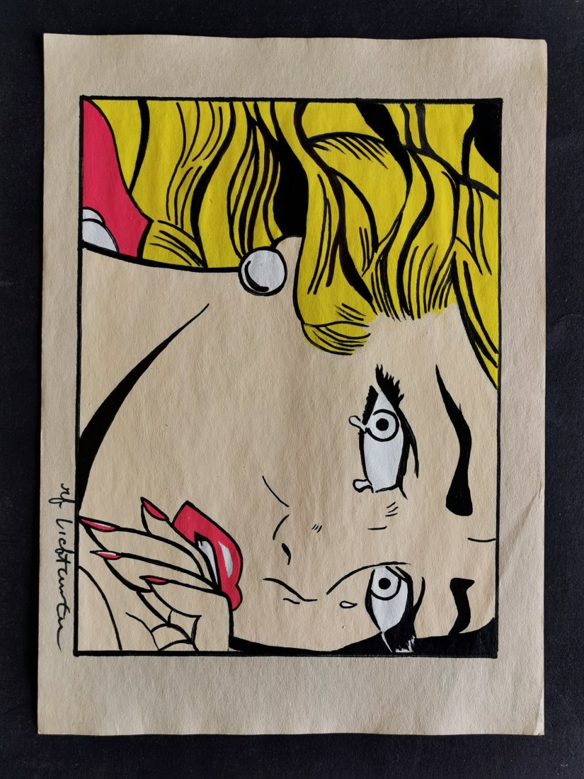 Roy Lichtenstein drawing on paper -In the style of: In the Style of Roy Lichtenstein Mixed Media on paper. Roy Lichtenstein was an American pop artist best known for his boldly-colored parodies of comic strips and advertisements.In the 1960s, he became