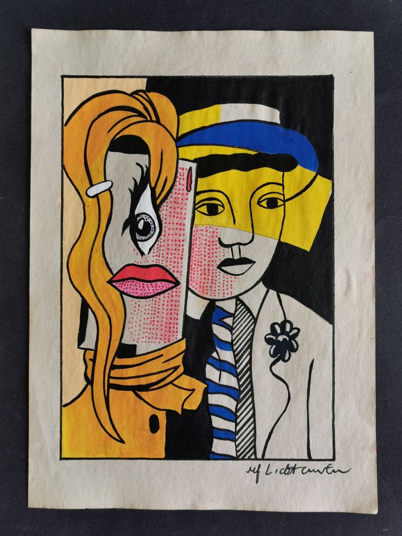 Roy Lichtenstein drawing on paper -In the style of: In the Style of Roy Lichtenstein Mixed Media on paper. Roy Lichtenstein was an American pop artist best known for his boldly-colored parodies of comic strips and advertisements.In the 1960s, he became