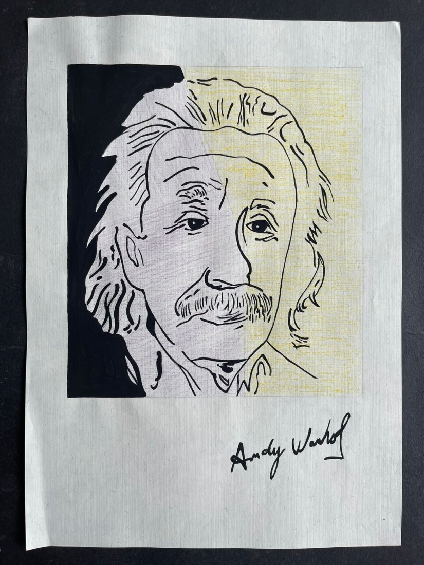 Andy Warhol drawing on paper - In the style of: In the style of Andy Warhol Drawing on paper mixed media.-------- Andy Warhol was one of the most prolific and popular artists of his time, using both avant-garde and highly commercial sensibilities. 