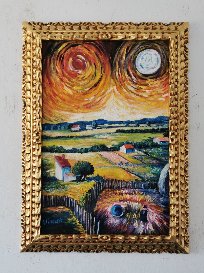 Vincent Van Gogh Oil on Canvas - In the Style of: In the style of Vincent Van Gogh Oil on Canvas with frame----------Measures with frame: 21" x 29" inches aprox-------------------------Vincent van Gogh (born March 30, 1853, France), Dutch painter, ge