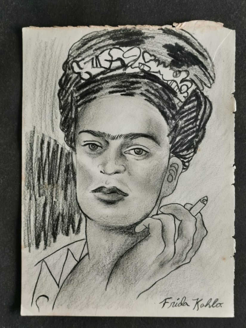 Frida Kahlo Drawing on paper - In the style of: In the style of Frida Kahlo drawing on paper.-----------------Measures: 6" x 8" Inches aprox-----------------------------------Frida Kahlo was a Mexican painter known for her many portraits, self-port