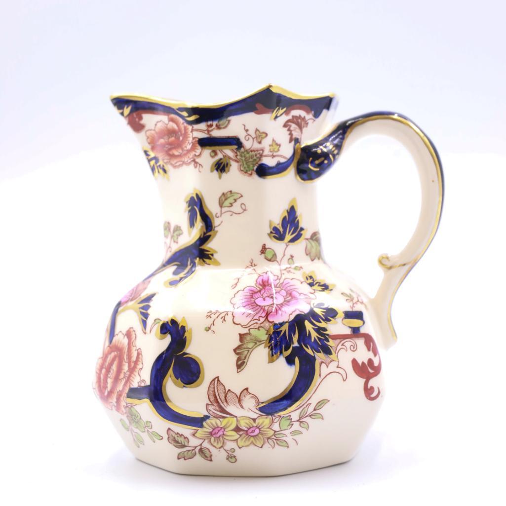 Mason's Ironstone Pitcher England: Mason's Imari Mandalay colored pitcher or creamer. c1920-30s/80s. Gorgeous smaller pieces trimmed lightly with gold and coated in rich blue, pink, gold, and terracotta floral patterns. Light all over 
